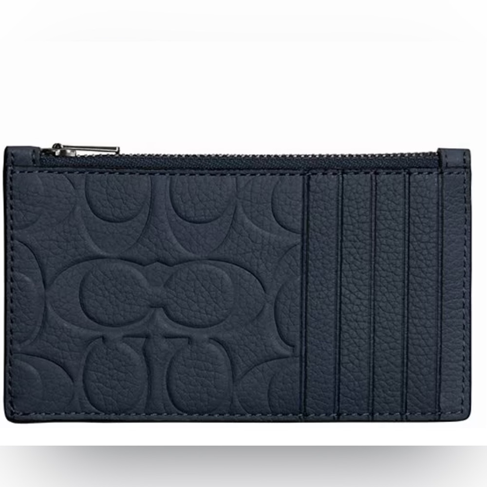 New Coach Zip Card Case in Dark Denim Signature Pebbled Leather